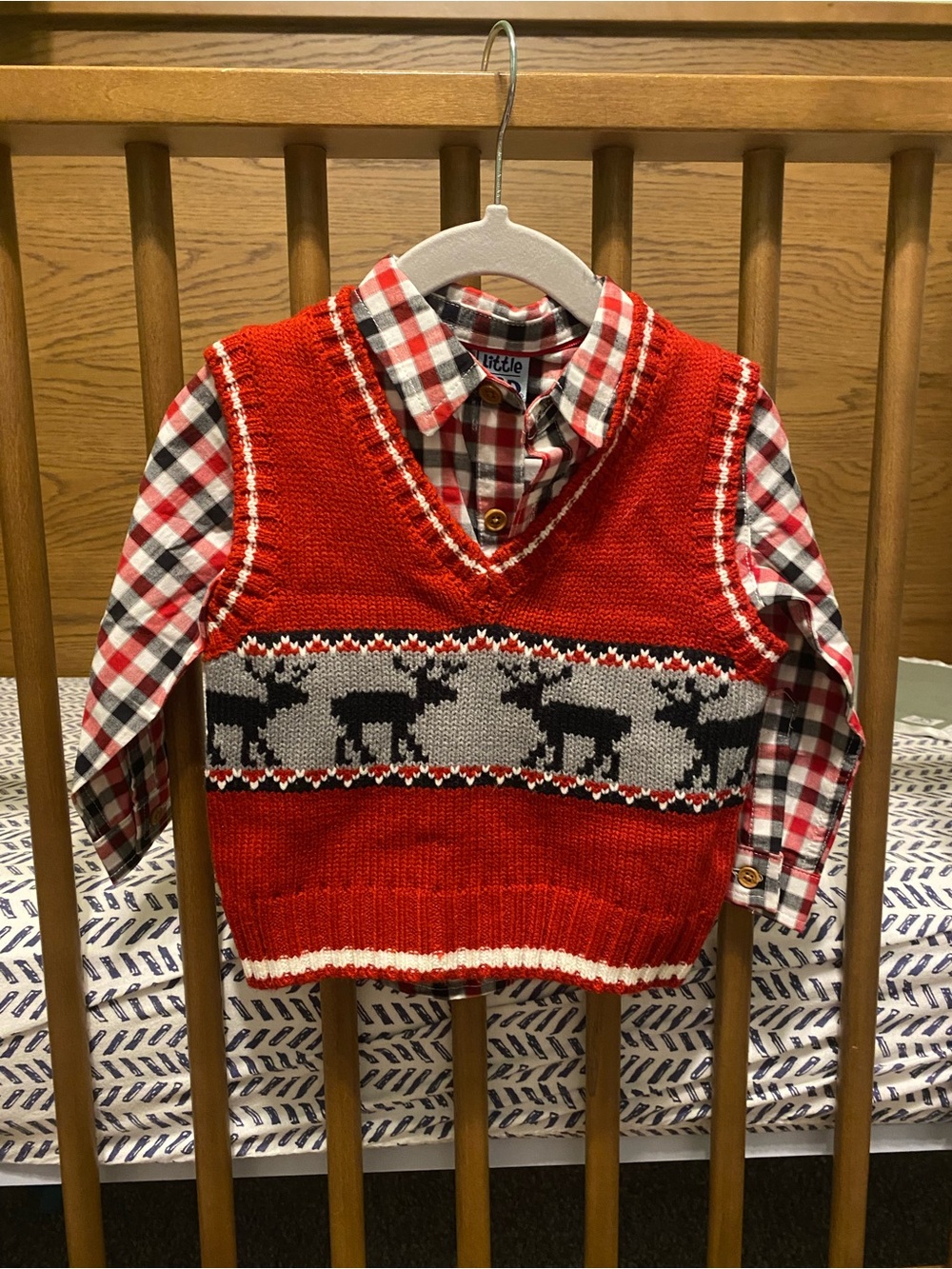 3 piece Little Lad Red Reindeer Knit Vest, Plaid Shirt & Black corduroy pants